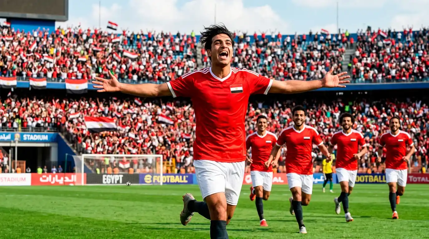 Mohamed Salah celebrating a World Cup goal for Egypt with teammates