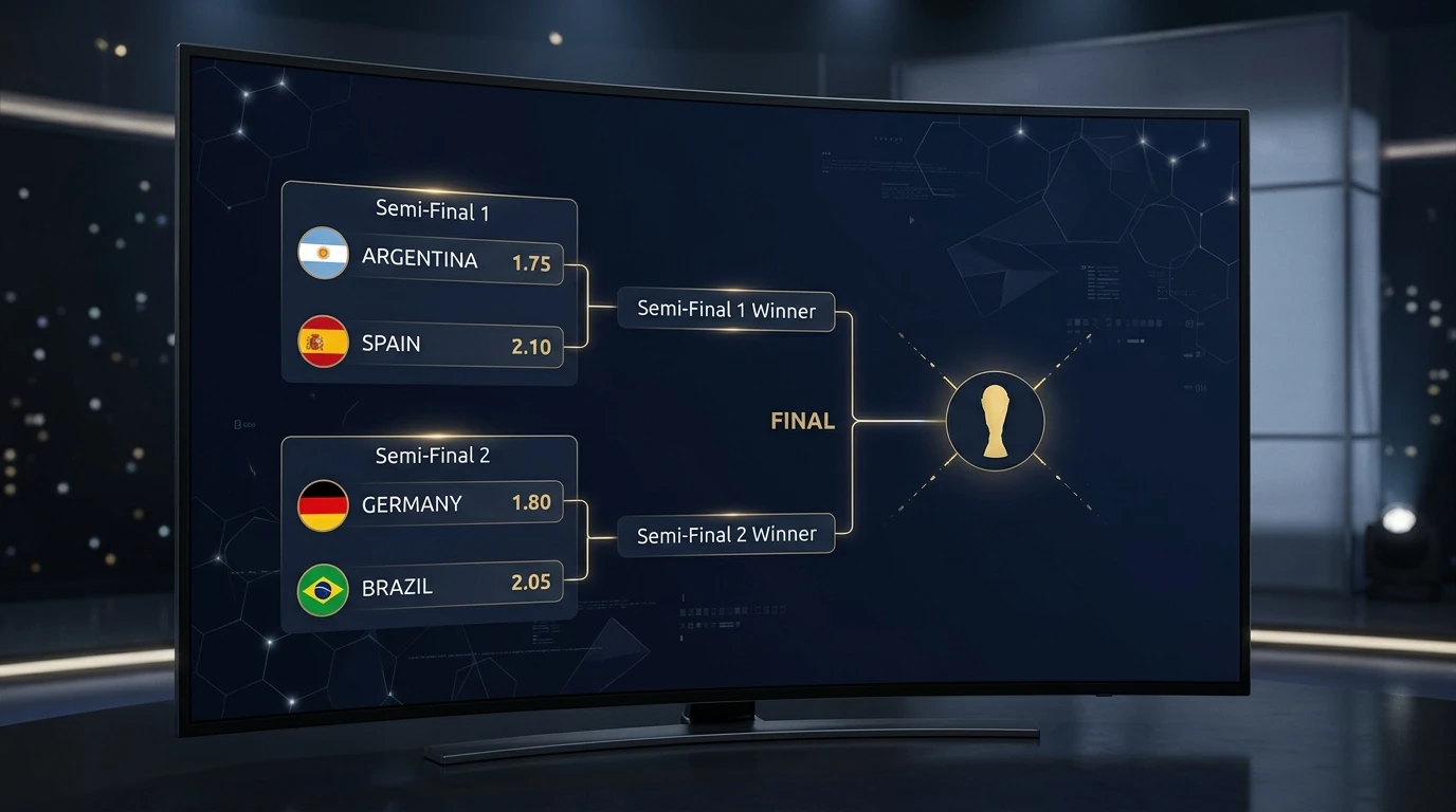 Editorial World Cup 2026 semi-final graphic showing four national teams narrowing into two semi-final ties and then a single final slot, small generic flags and decimal odds numbers on a dark background