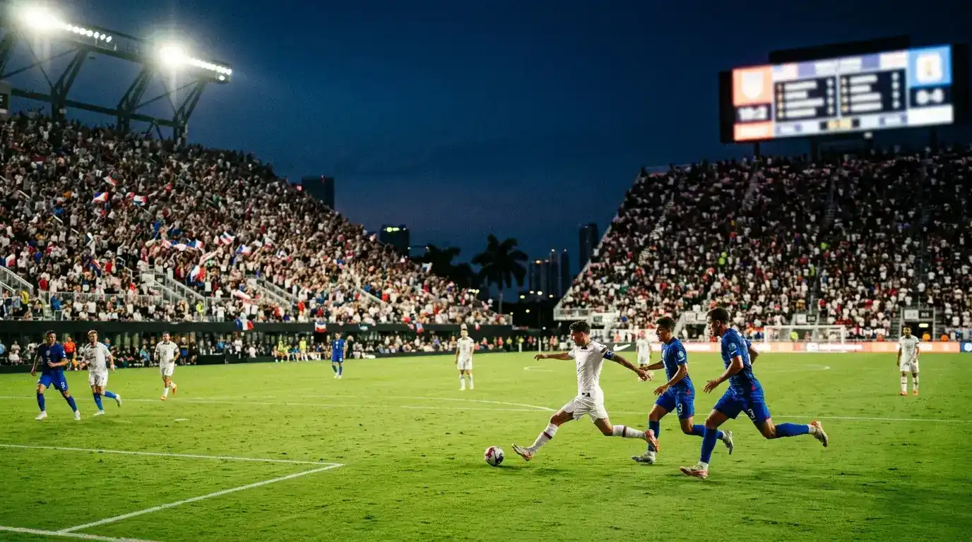 A packed open-air stadium at night during a high-scoring World Cup match, players in white and blue kits, floodlights and a roaring crowd, scoreboard glowing in the background
