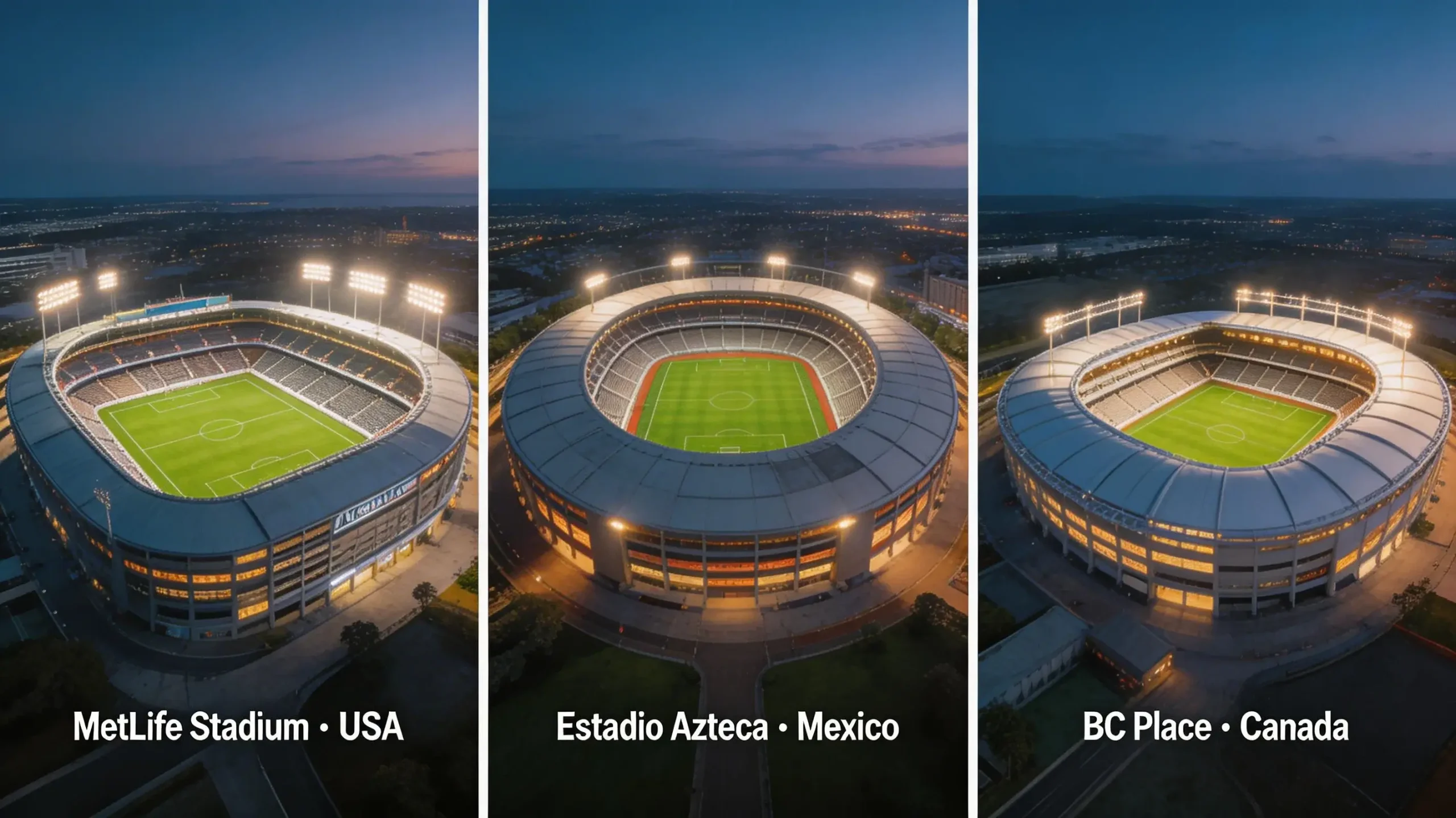 Aerial view montage of World Cup 2026 host stadiums across United States Mexico and Canada