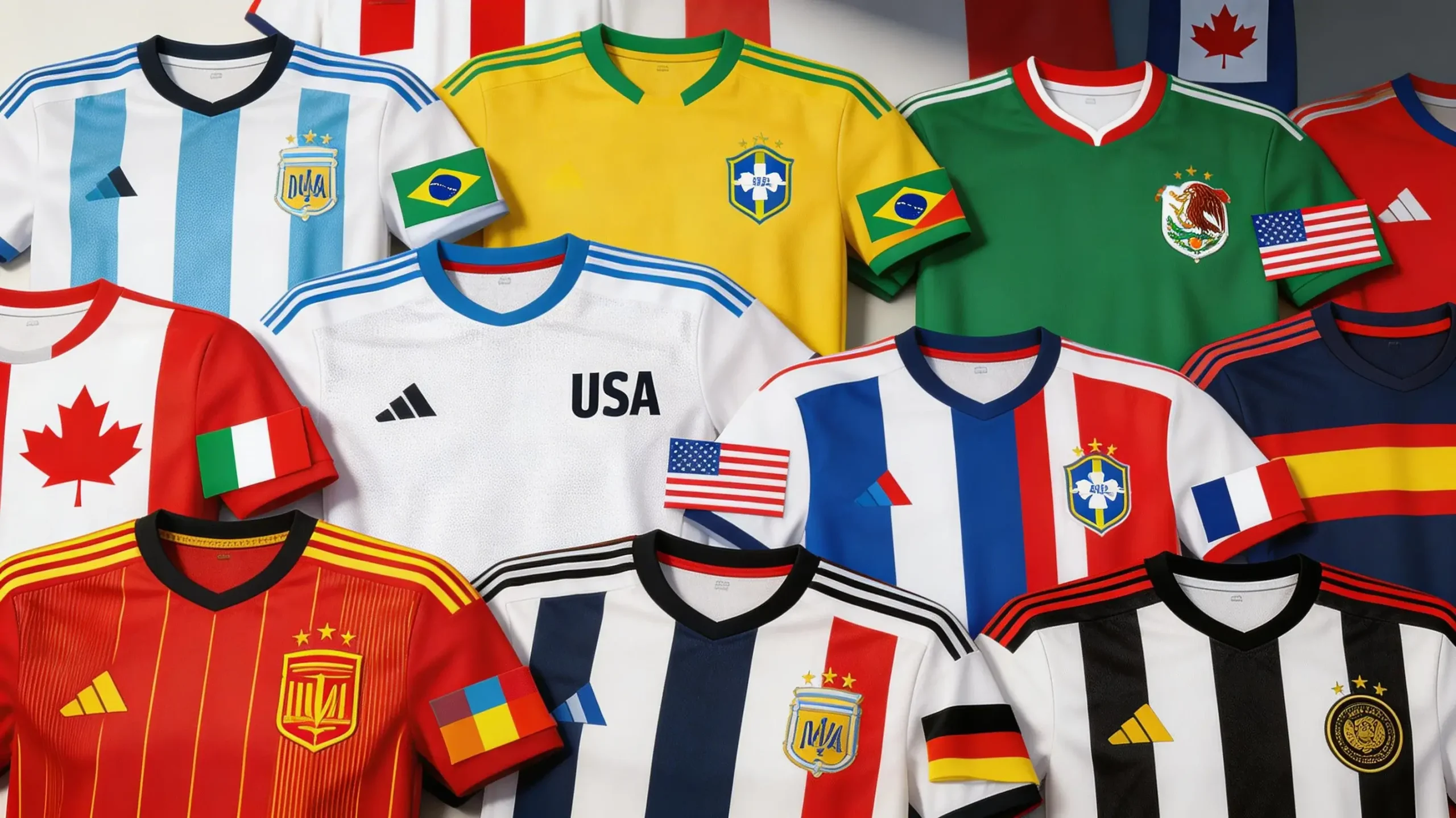 Collage of international soccer team jerseys and flags representing the 48 World Cup 2026 participants