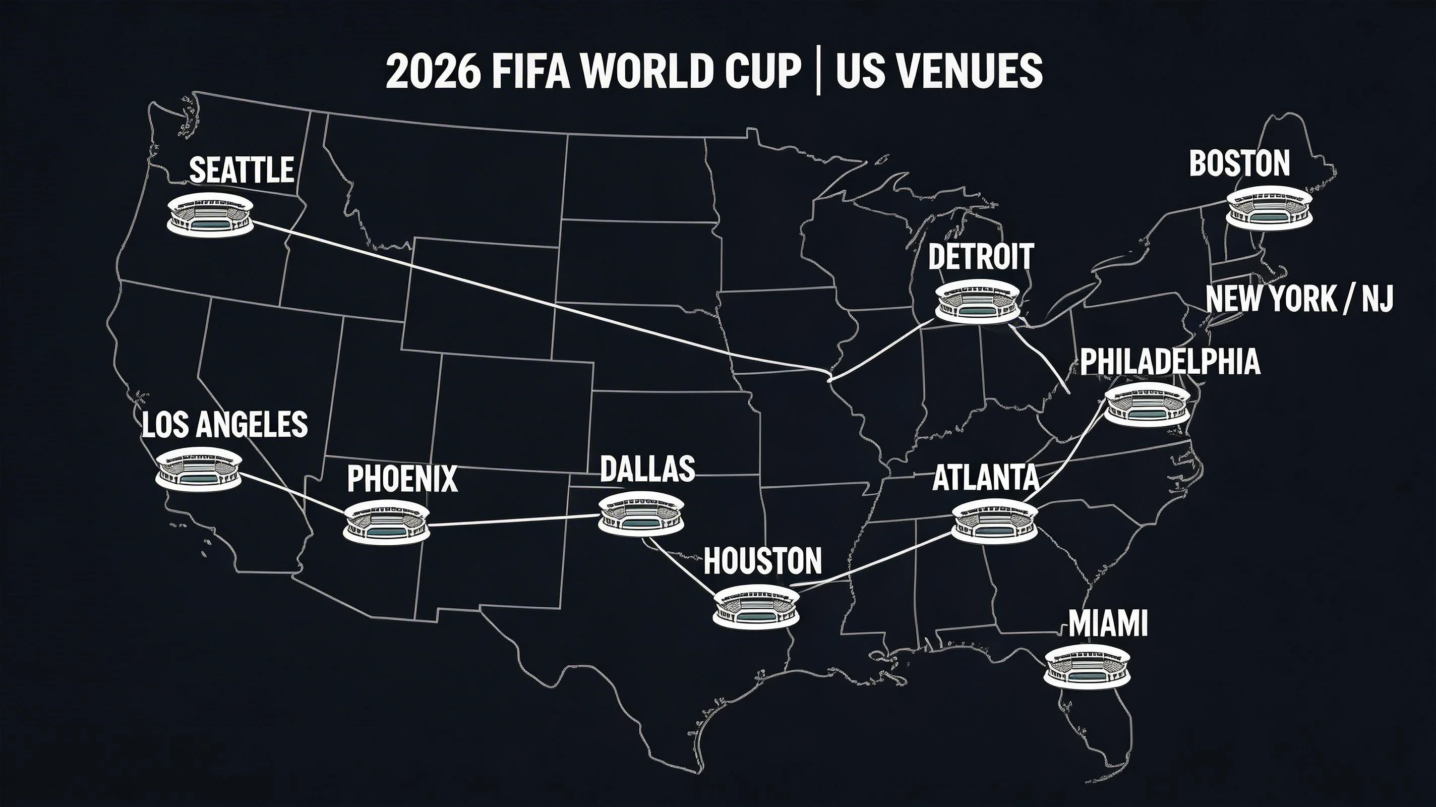 Map showing locations of 11 United States World Cup 2026 stadiums from Seattle to Miami