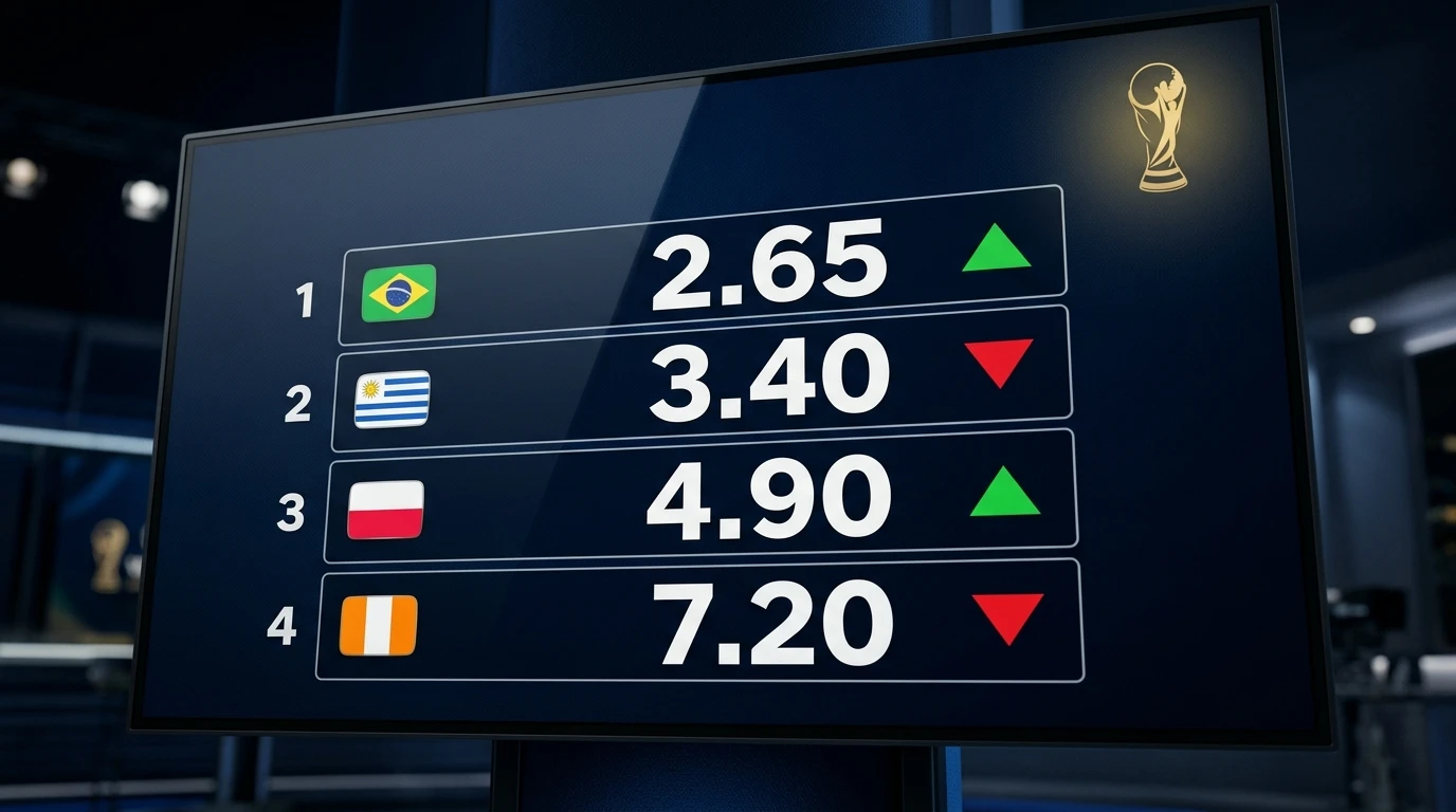 Editorial World Cup 2026 graphic showing four national teams on an outright winner odds board with decimal price numerals, small generic flag chips and an upward and downward arrow to signal shortening and drifting prices, dark background