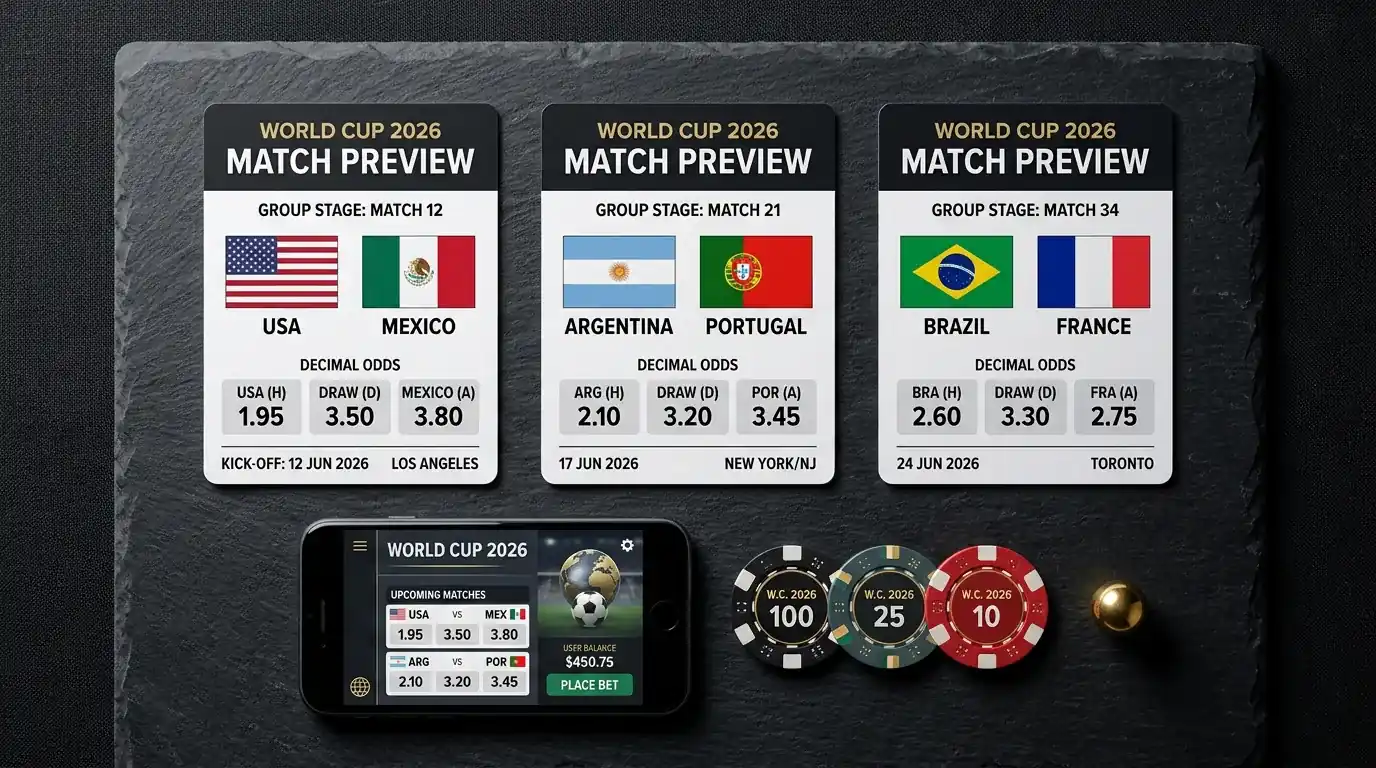 World Cup 2026 betting picks concept image with three match cards showing decimal odds and small national flags