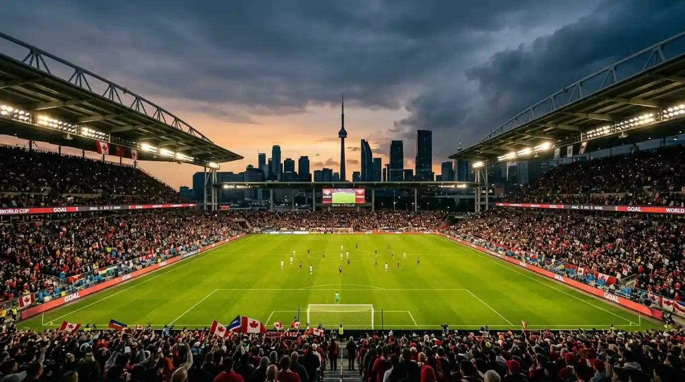 BMO Field in Toronto at dusk with the CN Tower behind and a packed World Cup crowd under the lights