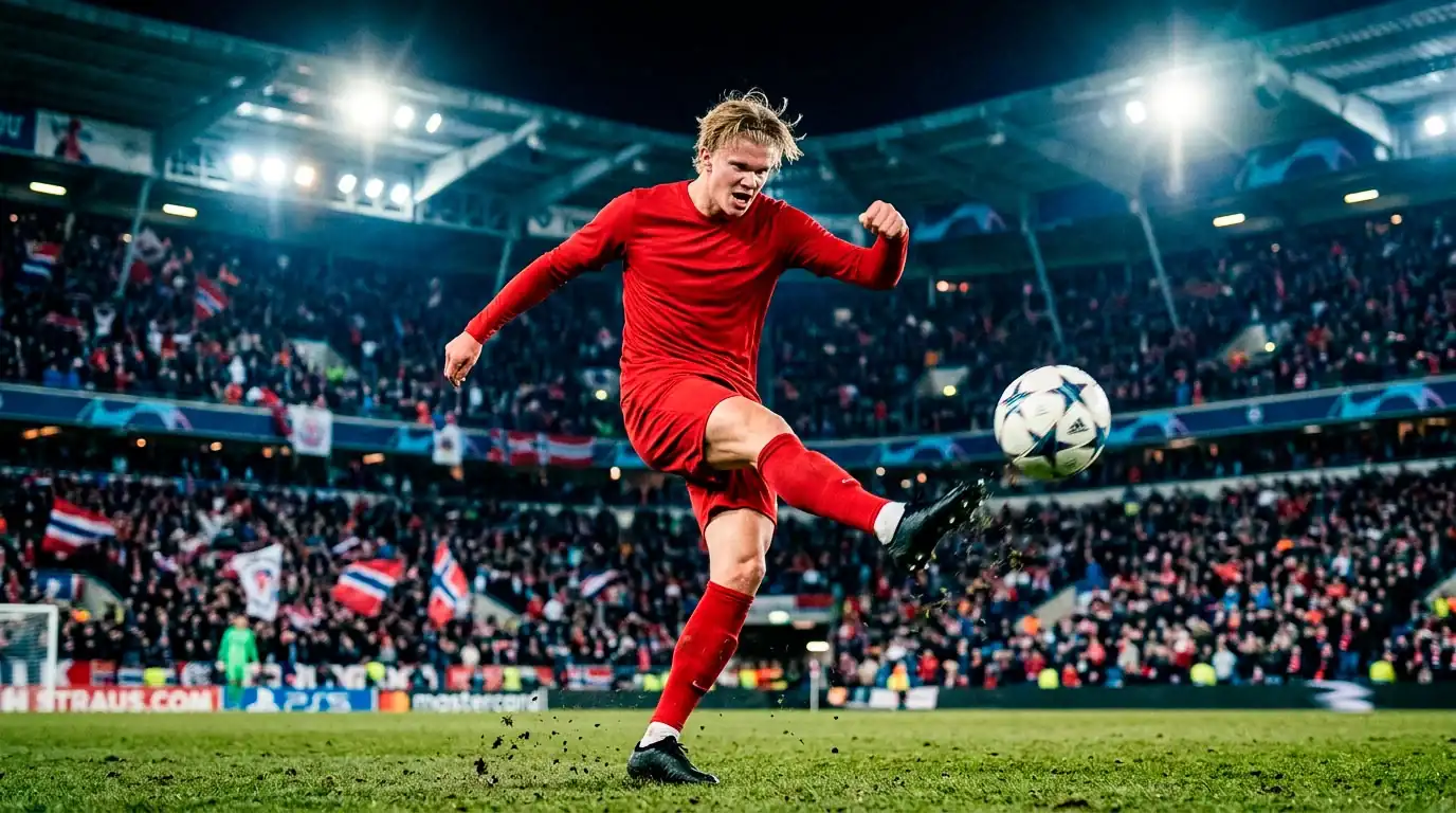 Erling Haaland striking the ball for Norway in a packed World Cup stadium at night