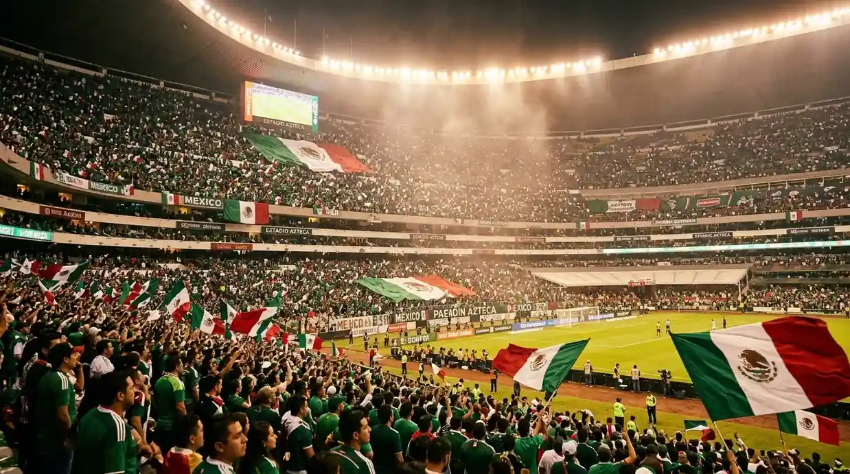 Estadio Azteca at night packed with Mexican supporters waving green-white-red flags under floodlights