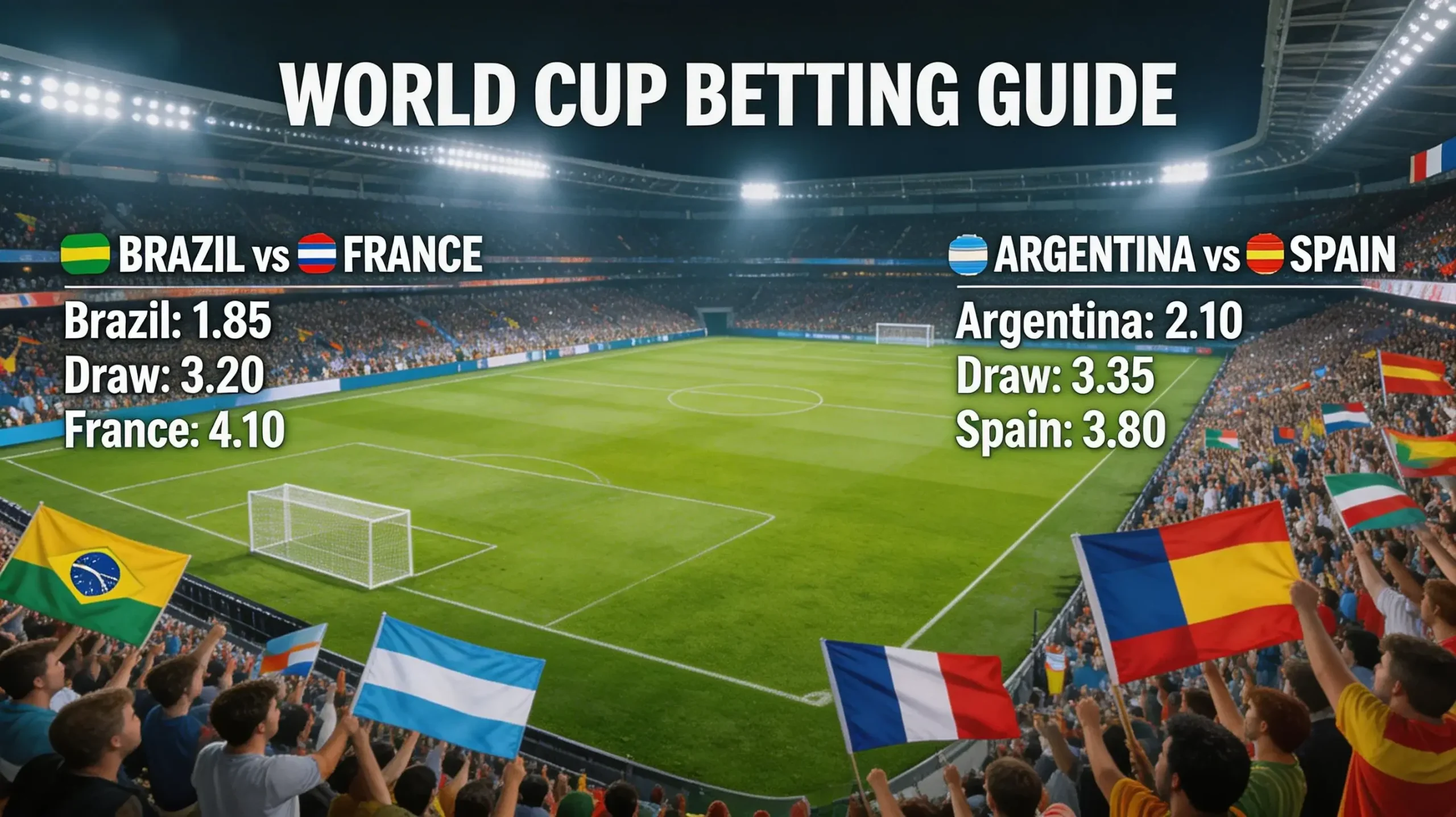 Soccer stadium filled with fans during an international match with betting odds overlay graphics