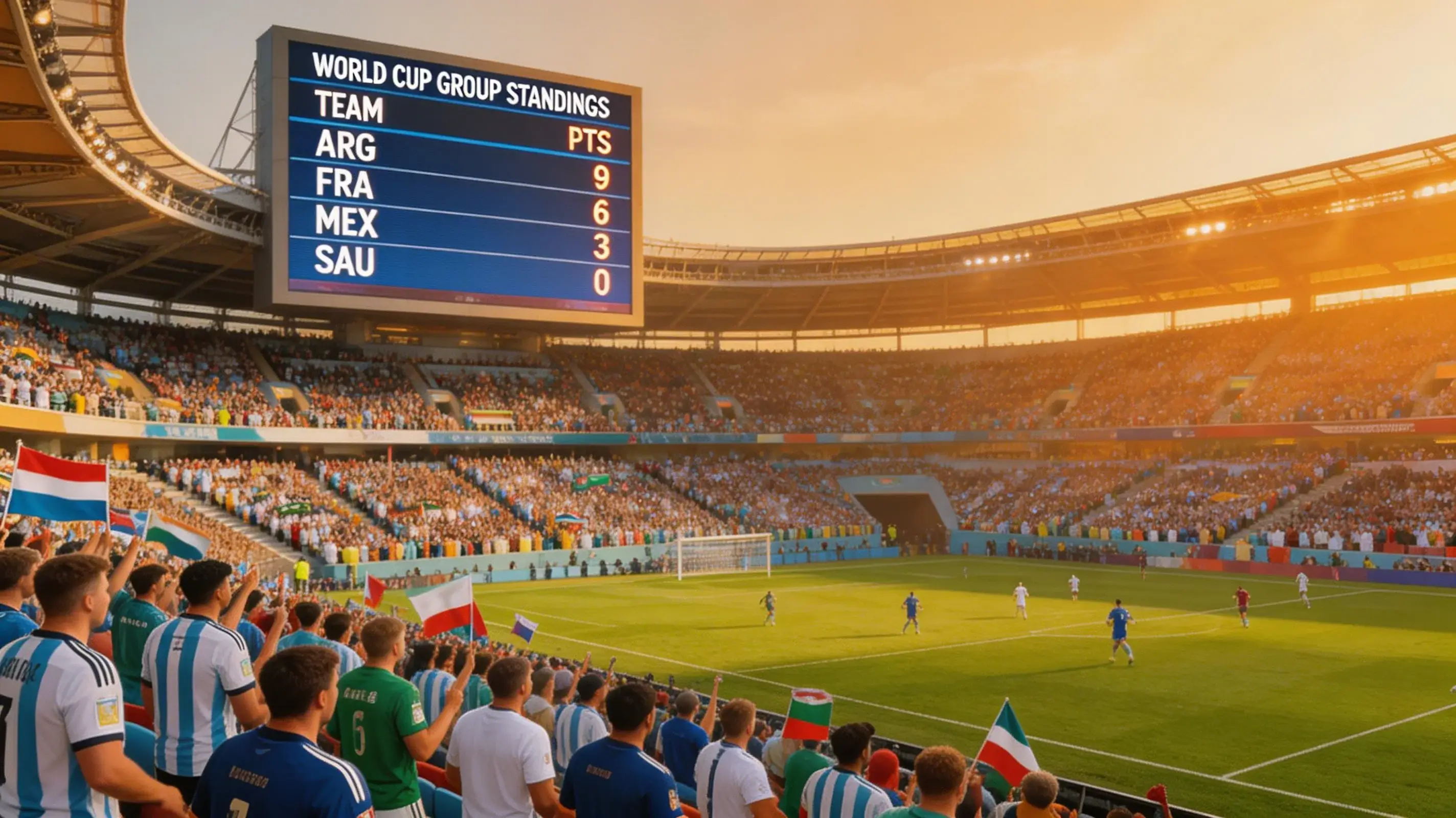 World Cup group stage match scene with scoreboard showing group standings and qualification scenarios