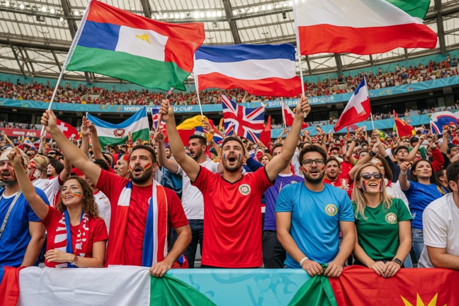 Enthusiastic football fans filling a stadium during a World Cup match with national flags waving