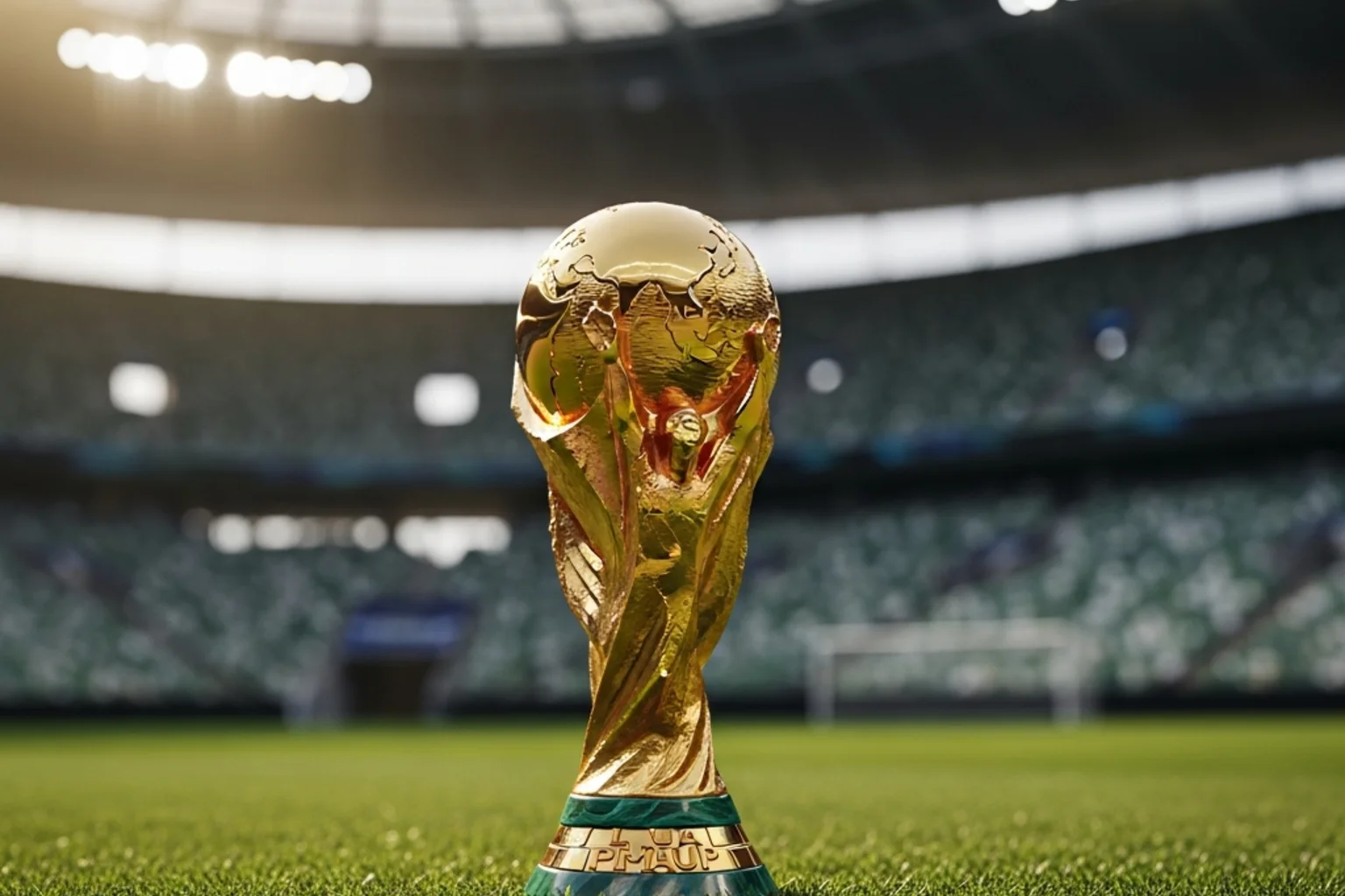 FIFA World Cup trophy displayed on a pristine football pitch with stadium seating in the background