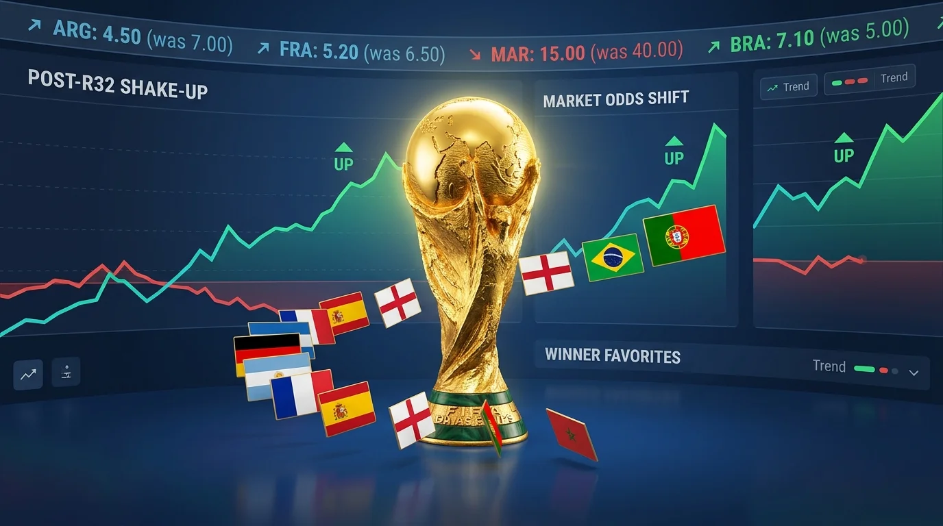 Sports betting concept image with multiple national flags arranged around a glowing soccer trophy and decimal odds tickers in the foreground